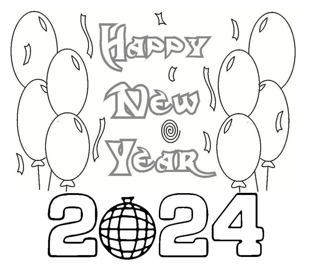 Frohes neues Jahr 2024, Malvorlage mit Luftballons